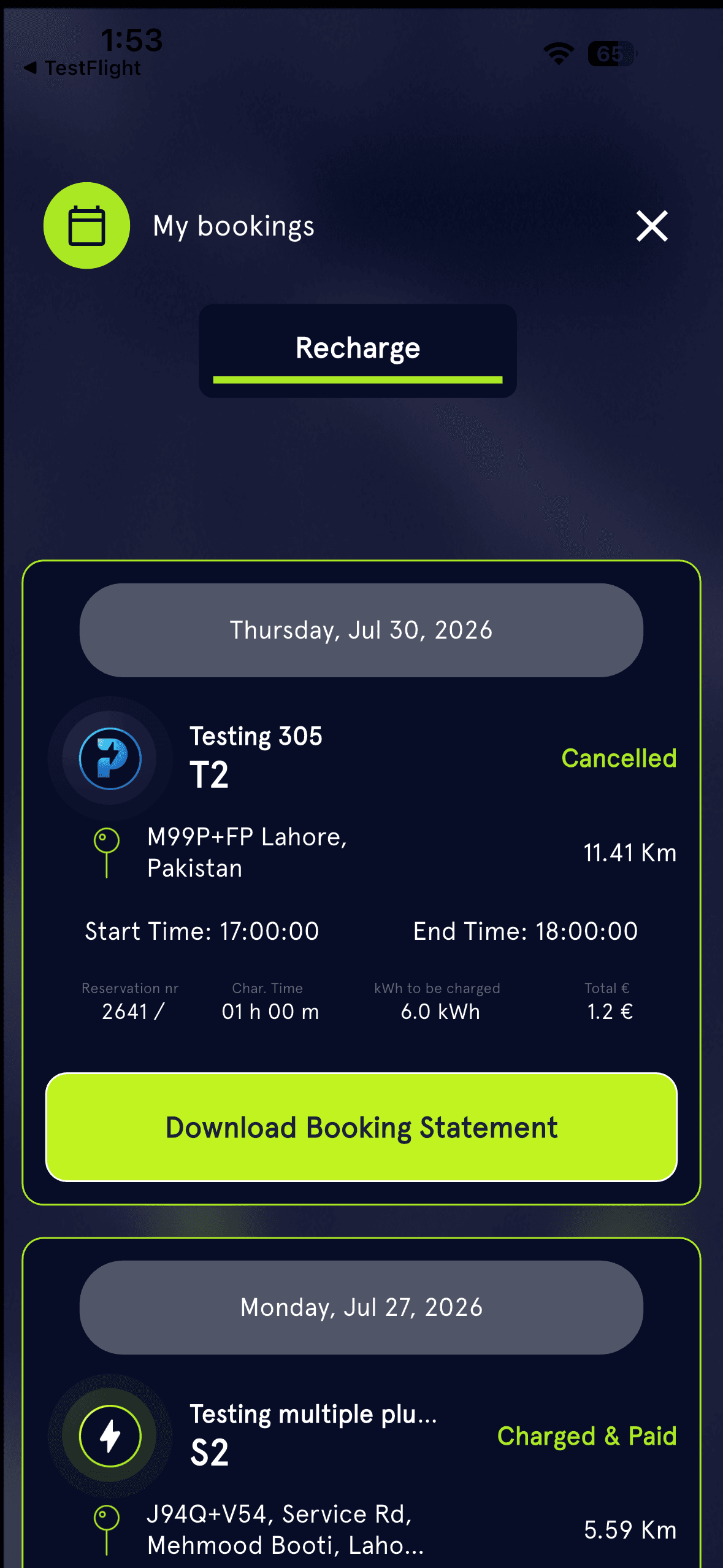 PowandGo bookings screen showing charging reservations and session details