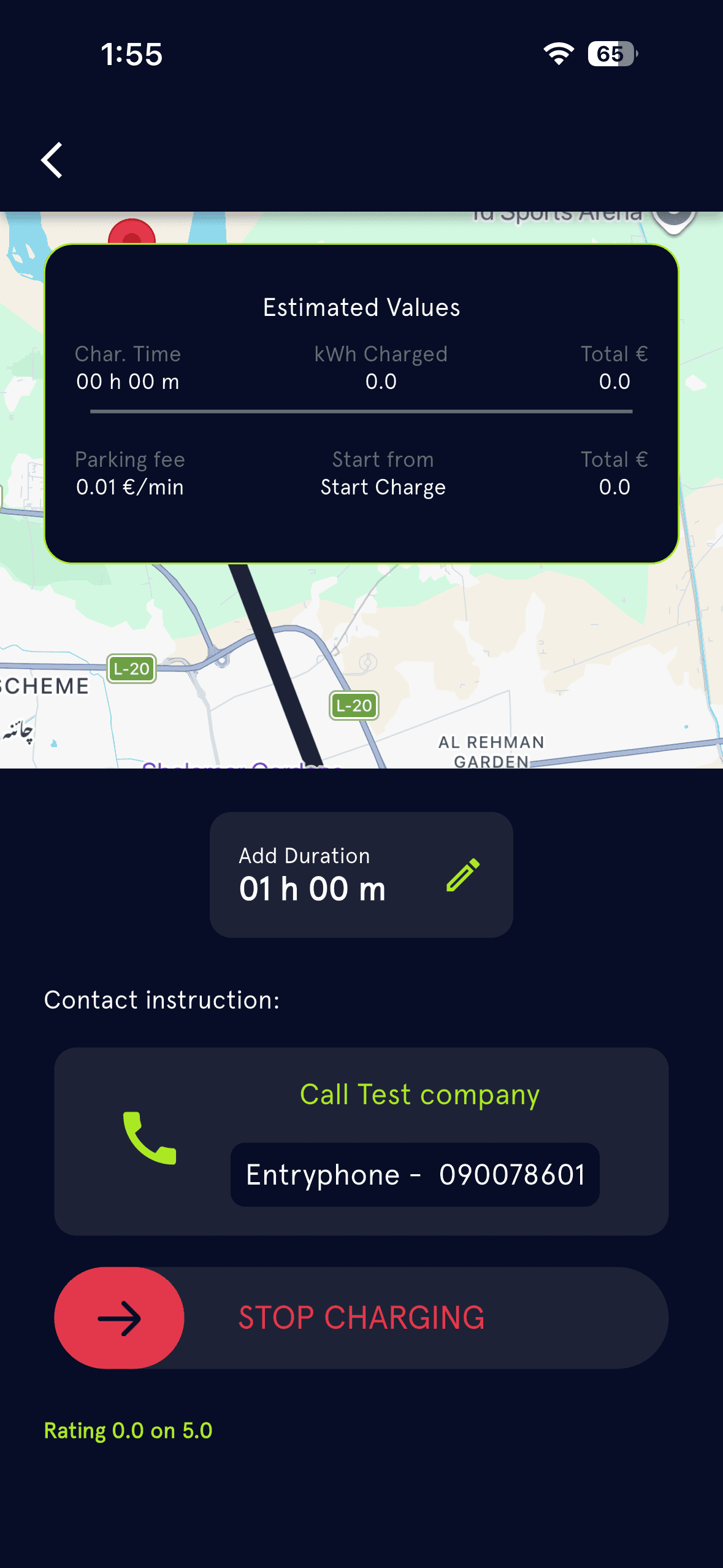 PowandGo active charging session showing elapsed time, energy usage, and pricing