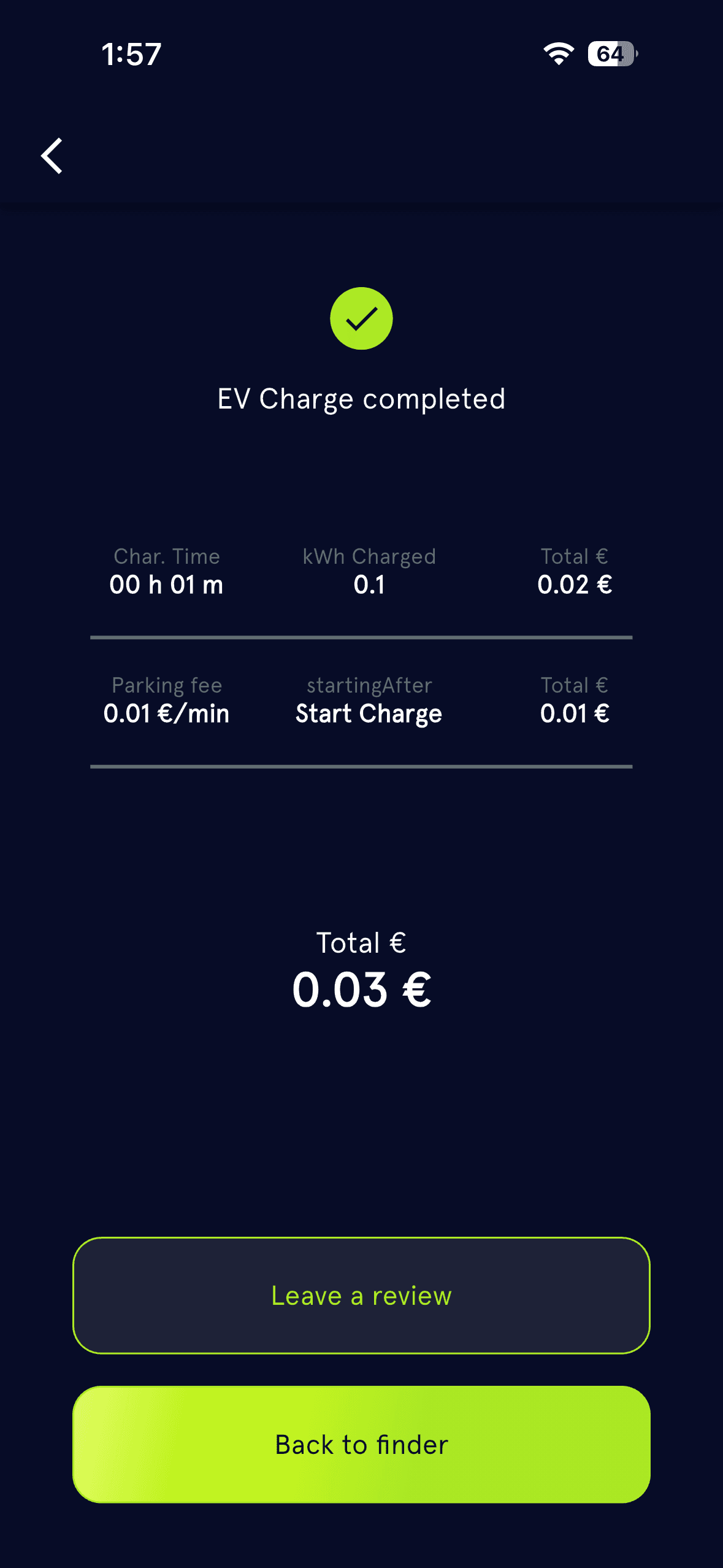 PowandGo completed charging session showing energy consumed and final charging cost