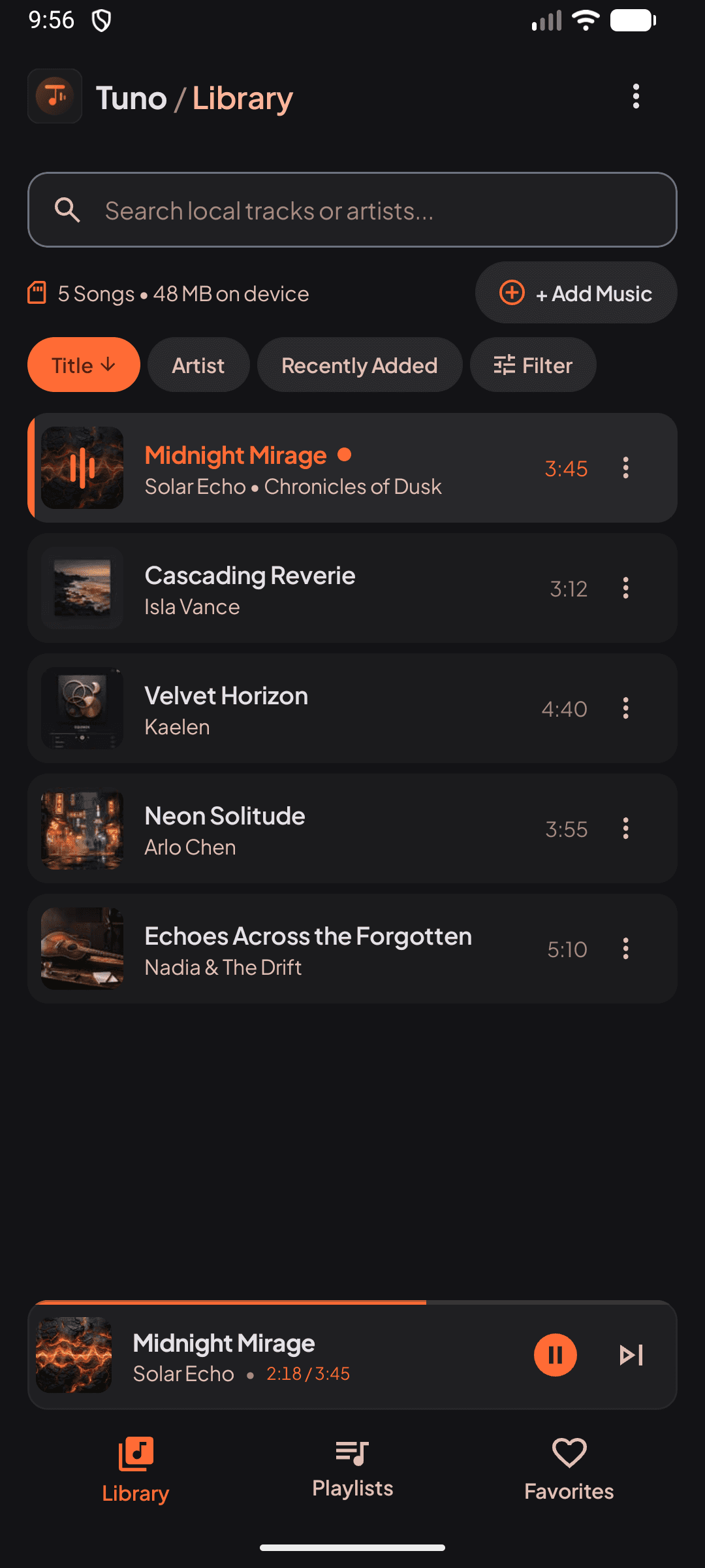 Tuno — Library with search, sorting, song rows, and persistent mini-player