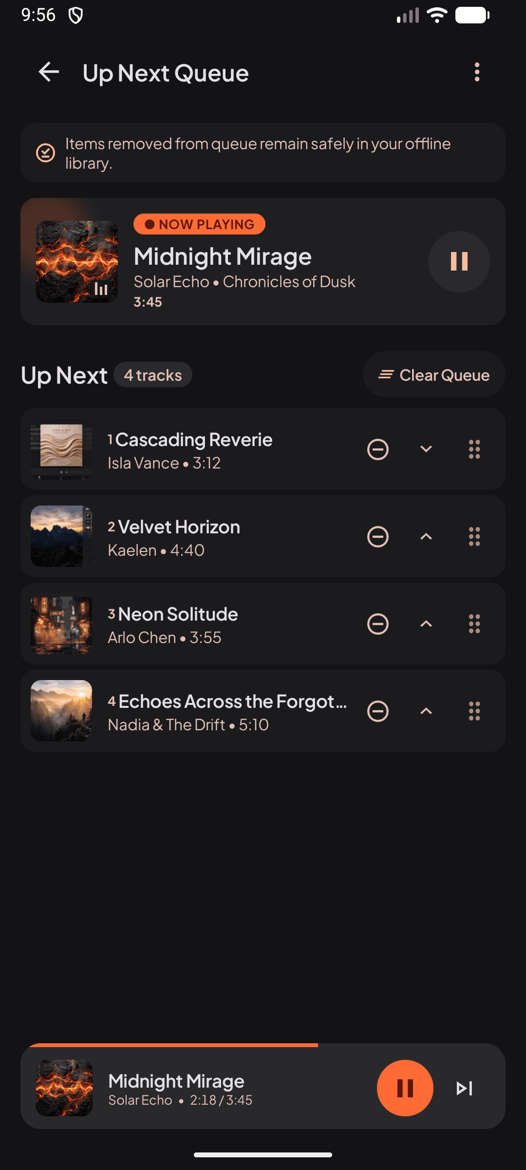 Tuno — Up Next with the current song and reorderable upcoming tracks
