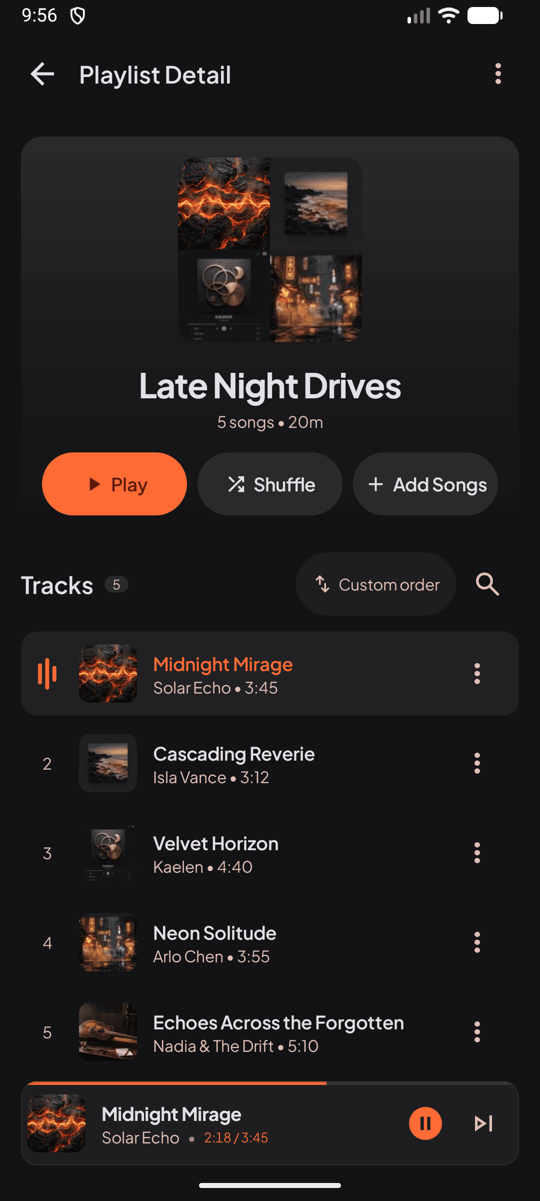 Tuno — Playlist Detail with artwork, playback actions, and tracks