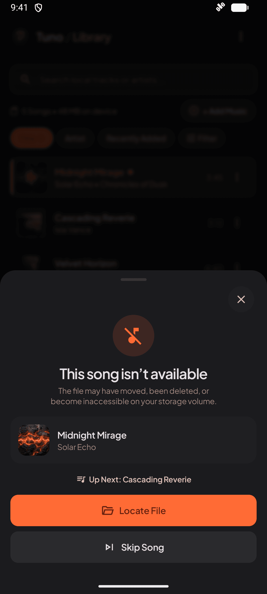 Tuno — Unavailable song recovery with Locate File and Skip Song