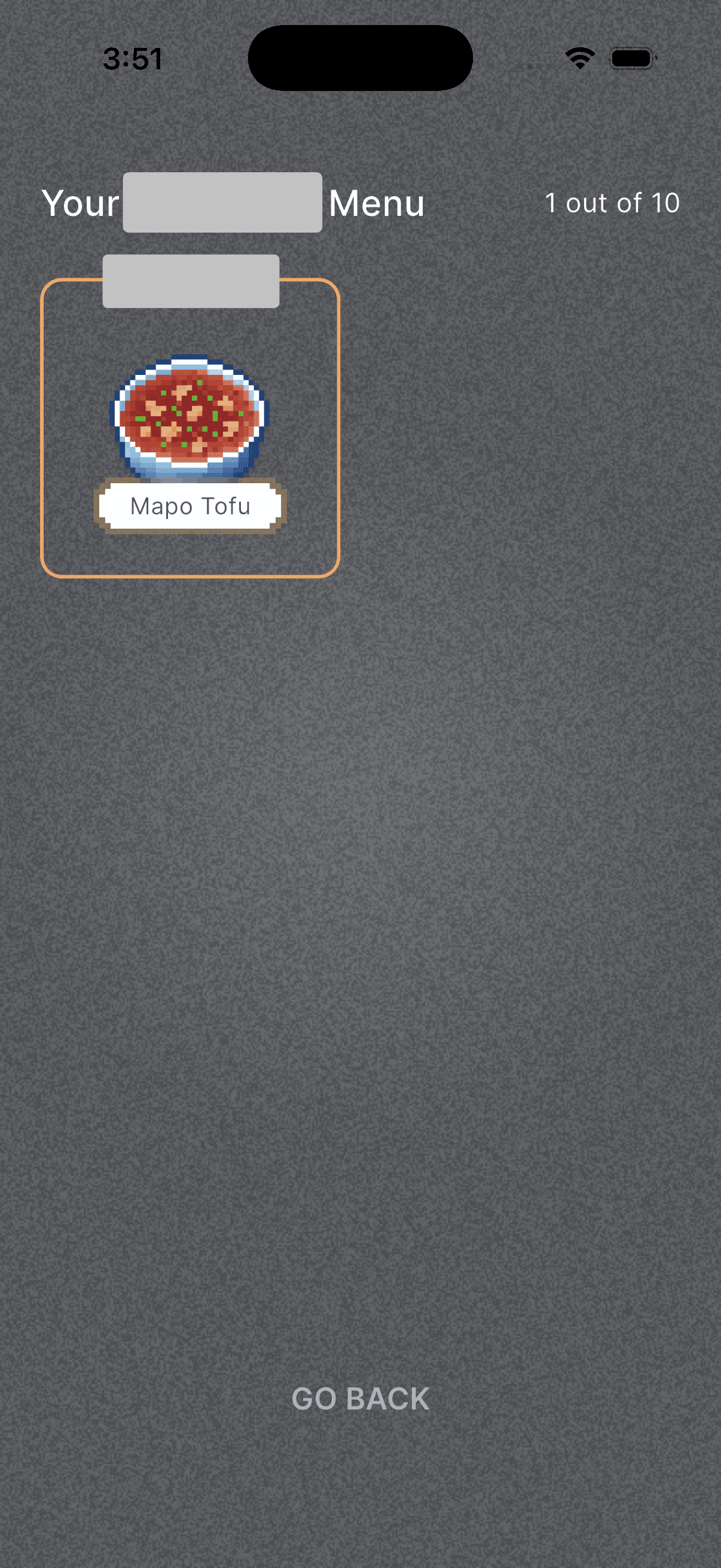 Menu interface showing a selectable item card with a header and navigation controls