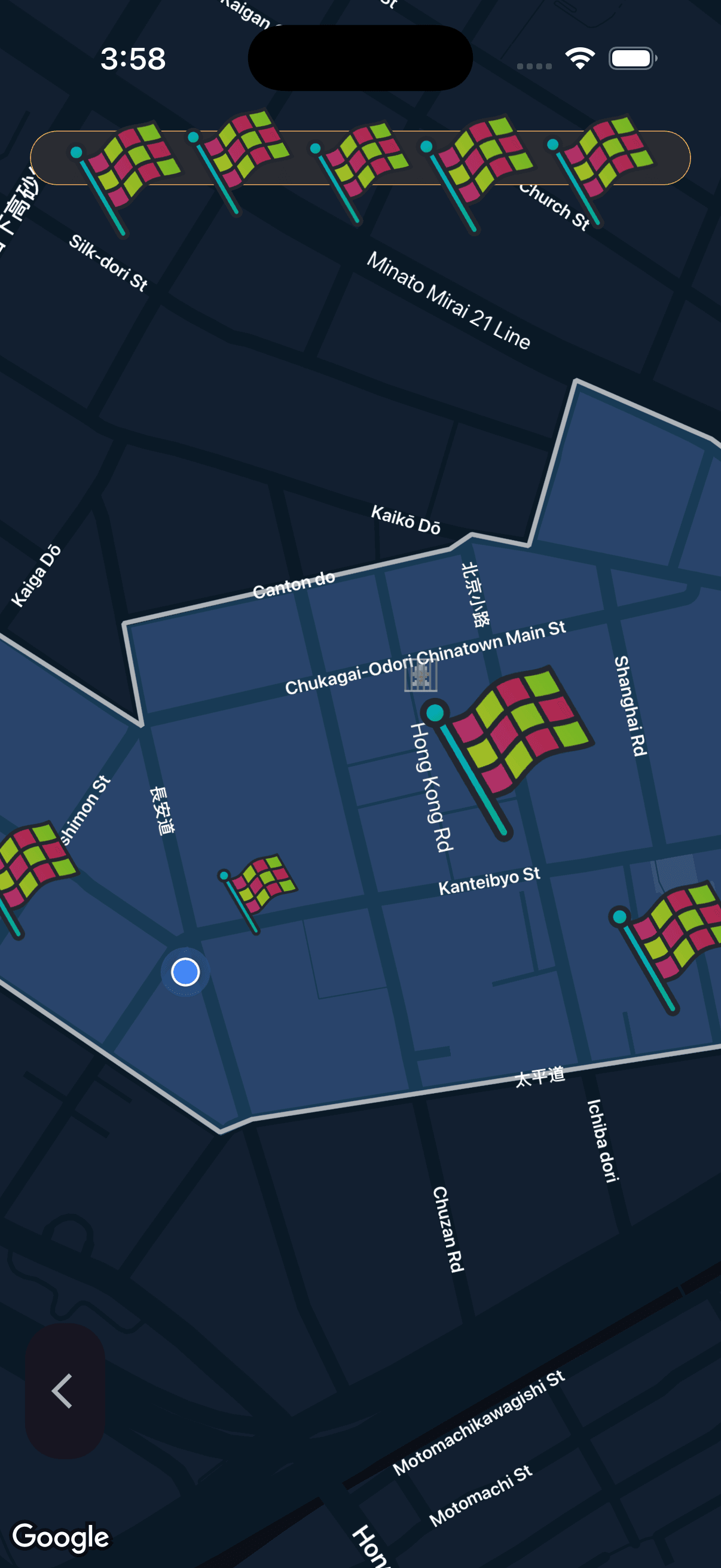 Map interface displaying flag markers on streets with a progress indicator at the top