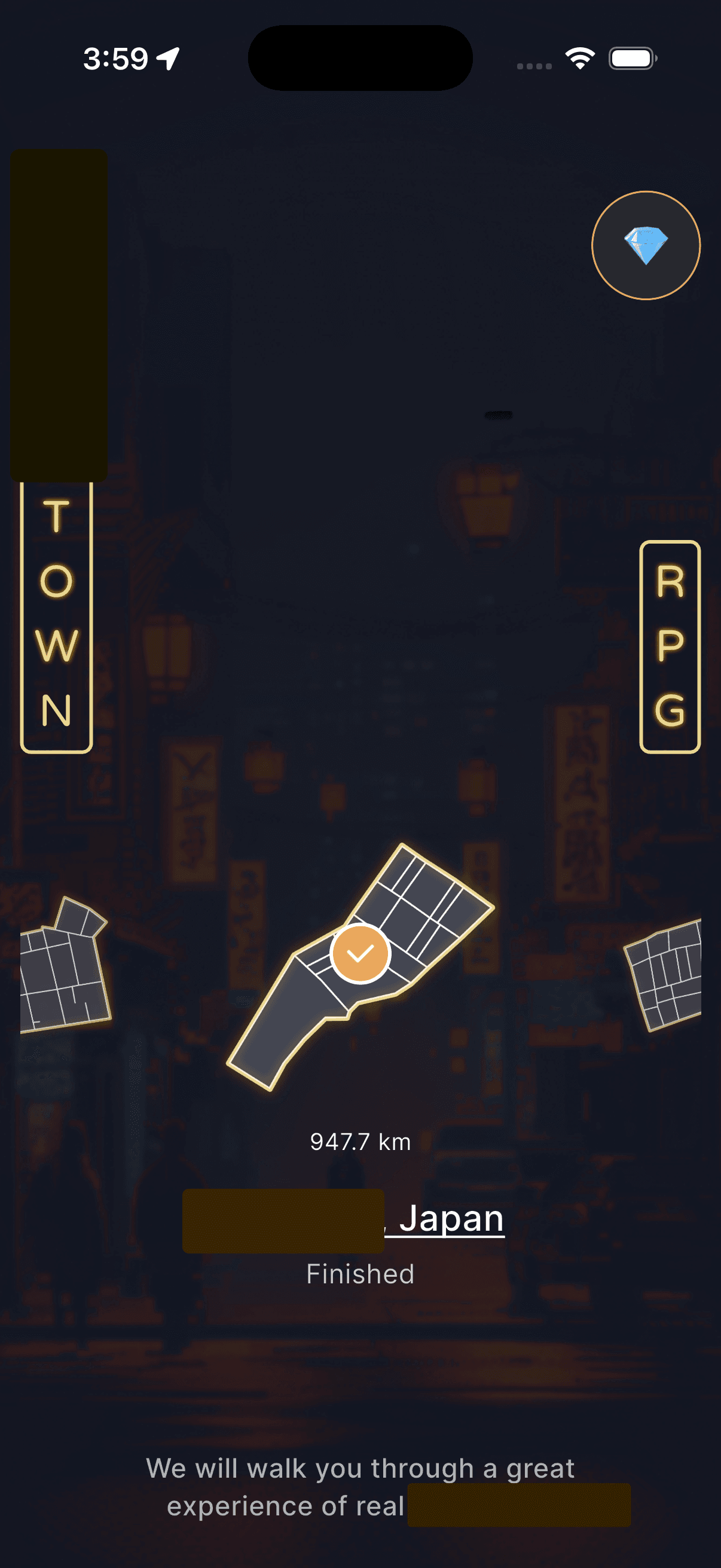Map overview screen showing a region with distance markers and completion status
